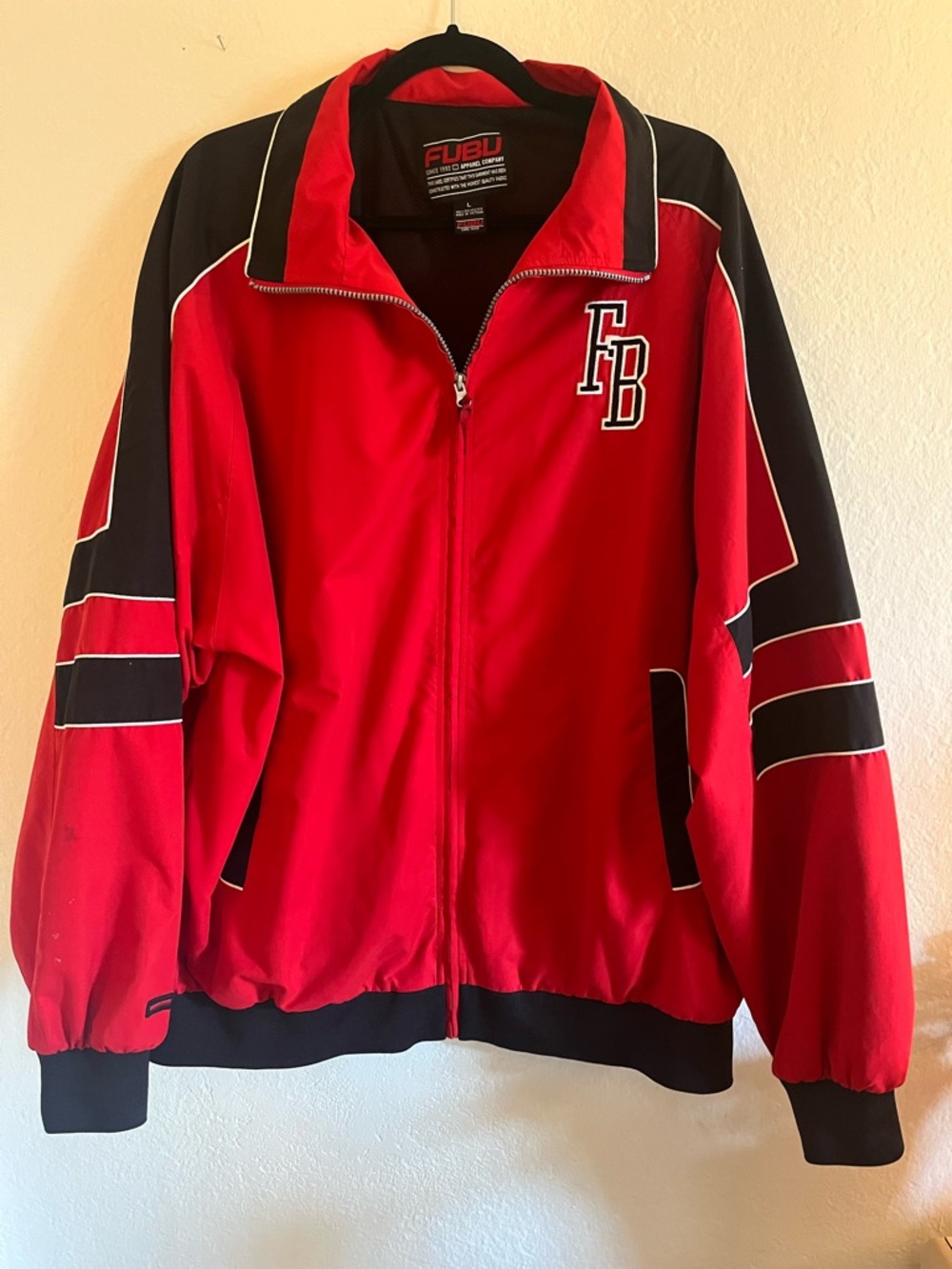 FUBU Red and Black Track-Style Bomber Jacket with 'FB' Chest Logo